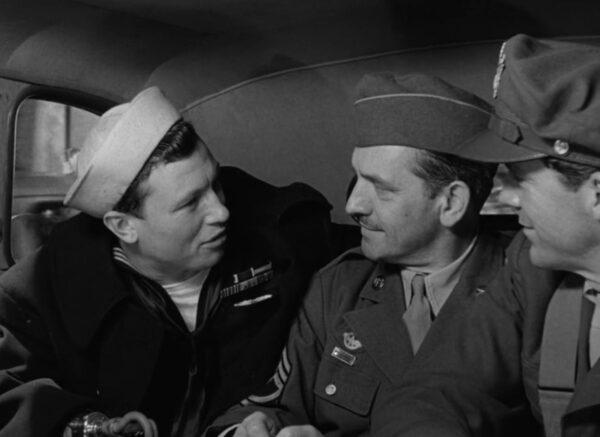 Three returning WWII vets think about returning home while in a taxi together: (L–R) Harold Russell as Petty Officer Homer, Frederic March as Sgt. Al, and Dana Andres as Capt. Fred in "The Best Years of Our Lives."" (Samuel Goldwyn Pictures)