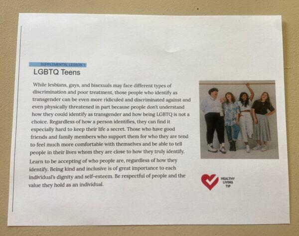 Printout of an LGBT lesson for teens at HPISD. (Courtesy of Tim Hutchins)