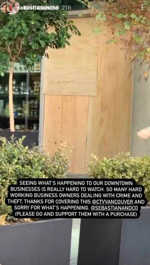 The window at Sebastian & Co is boarded up after being smashed in an act of vandalism on Oct. 3, 2022. (Screenshot via The Epoch Times/Courtesy of Sebastian Cortez via Instagram)