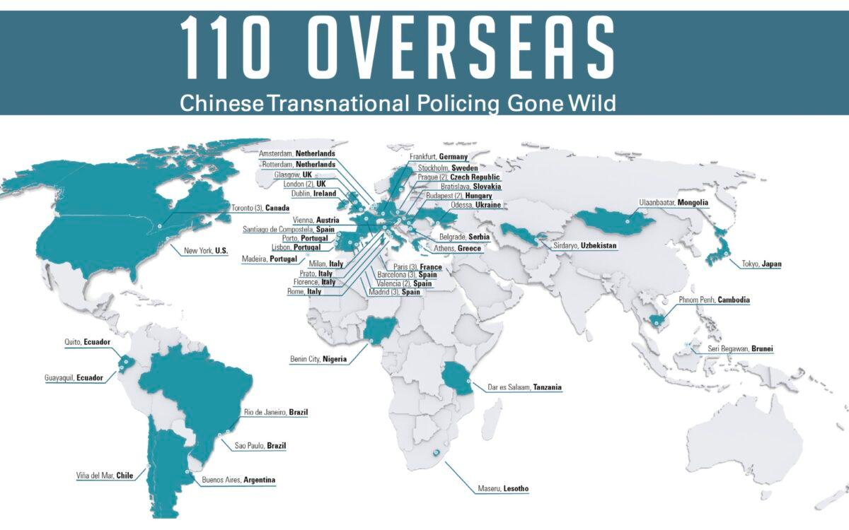Overseas Chinese police “Service Stations,” or “110 Overseas,” are found in dozens of countries across five continents. (Courtesy of Safeguard Defenders)