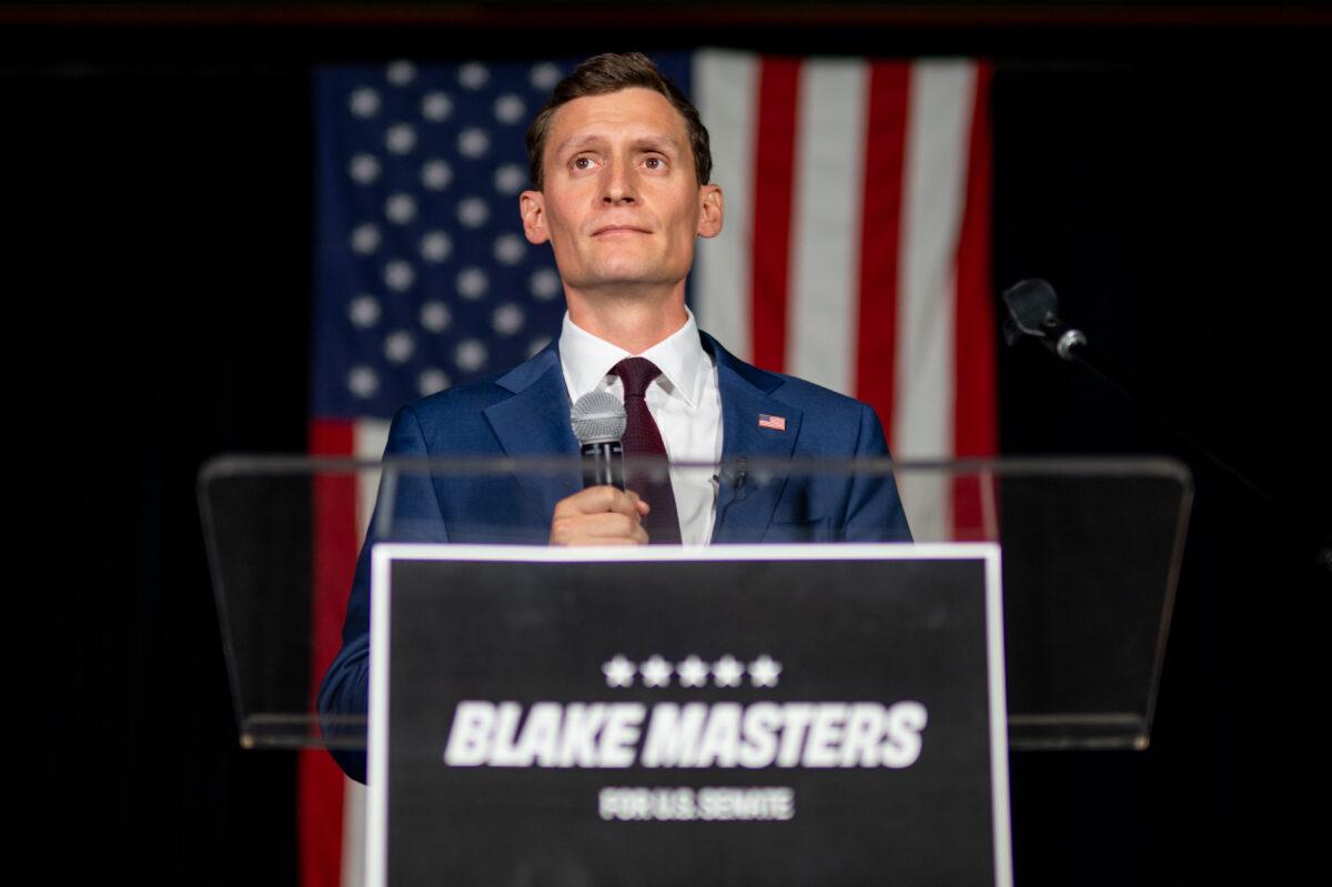 Republican U.S. Senate candidate Blake Masters speaks during his election night watch party in Chandler, Ariz., on Aug. 2, 2022. (Brandon Bell/Getty Images)