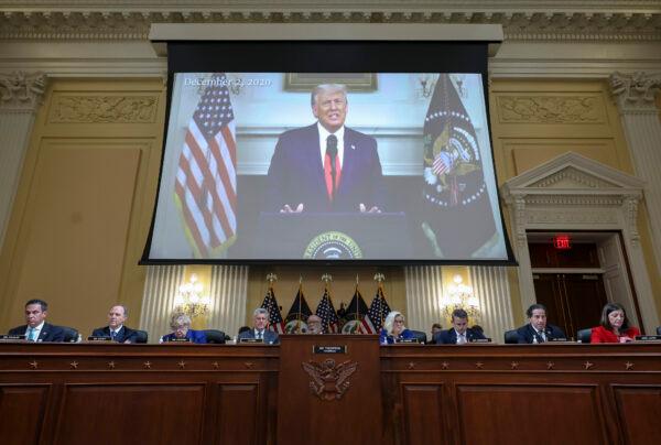  A video of former President Donald Trump is played during a hearing by the House January 6 committee in the Cannon House Office Building in Washington on Oct. 13, 2022. (Alex Wong/Getty Images)