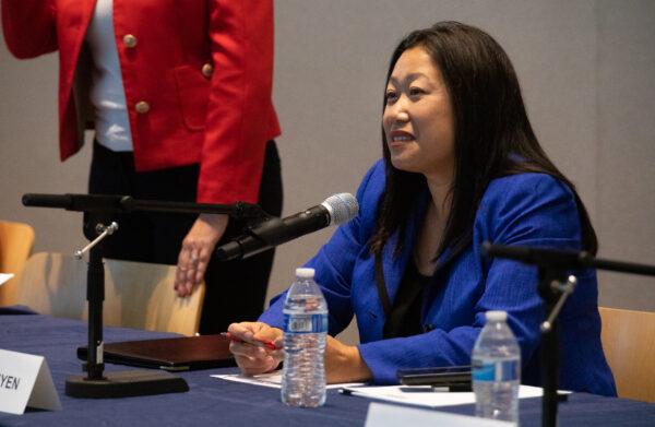 Janet Nguyen speaks at City Hall in Newport Beach, Calif., on Oct. 12, 2022. (John Fredricks/The Epoch Times)