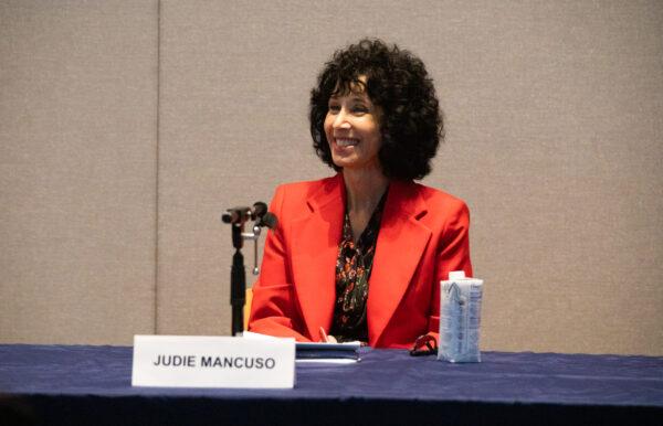 Judie Mancuso speaks at City Hall in Newport Beach, Calif., on Oct. 12, 2022. (John Fredricks/The Epoch Times)