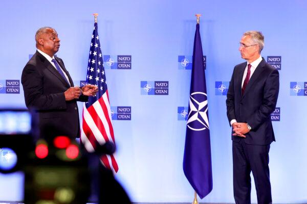 NATO Secretary General Jens Stoltenberg (R) and U.S. Secretary for Defense Lloyd J. Austin III participate in a media conference during a meeting of NATO defense ministers at NATO headquarters in Brussels on Oct. 13, 2022. (Olivier Matthys/AP Photo)