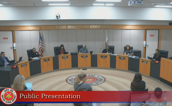 Members of the public make comments to Santa Ana Unified School District trustees at a board meeting in Santa Ana, Calif., on Oct. 11, 2022. (Screenshot via Santa Ana Unified School District)