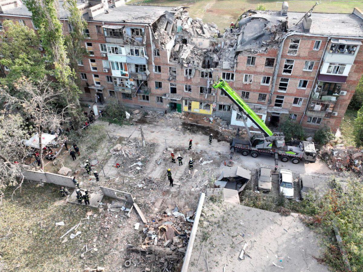 An aerial view shows a residential building heavily damaged during a Russian military attack in Mykolaiv, Ukraine, on Oct. 13, 2022. (Press service of the State Emergency Service of Ukraine/Handout via Reuters)
