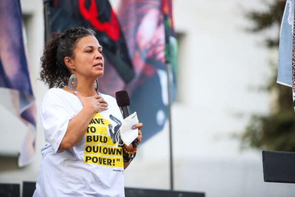 Melina Abdullah speaks during the BLD PWR and Black Lives Matter Los Angeles final march to the polls in Los Angeles, Calif., on Oct. 28, 2020. (Rich Fury/Getty Images)