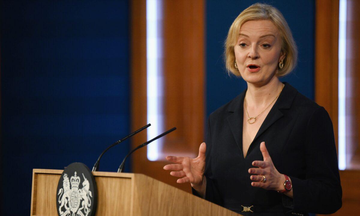Prime Minister Liz Truss during a press conference in the briefing room at Downing Street, London, on Oct. 14, 2022. (Daniel Leal/PA Media)