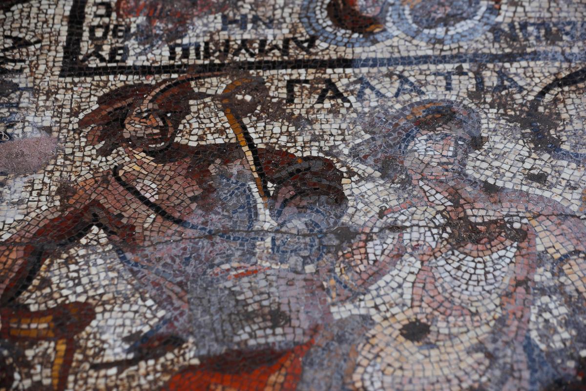 A detail of a large mosaic that dates back to the Roman era is seen in the town of Rastan, Syria, Wednesday, Oct. 12, 2022. (Omar Sanadiki/AP Photo)
