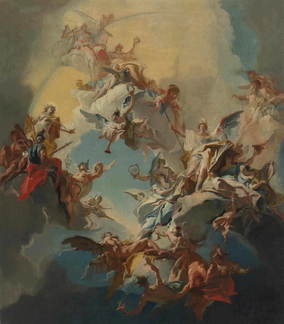 The gospel of reason began replacing all organized religions during the Enlightenment period. Reason, the figure who is centrally located and holding a spear, is surrounded by Wisdom (holding a mirror), Advice (holding a book), and Knowledge (holding a torch). "The Triumph of Reason," 18th century, by Carlo Innocenzo Carlone. Oil on canvas. (Public Domain)