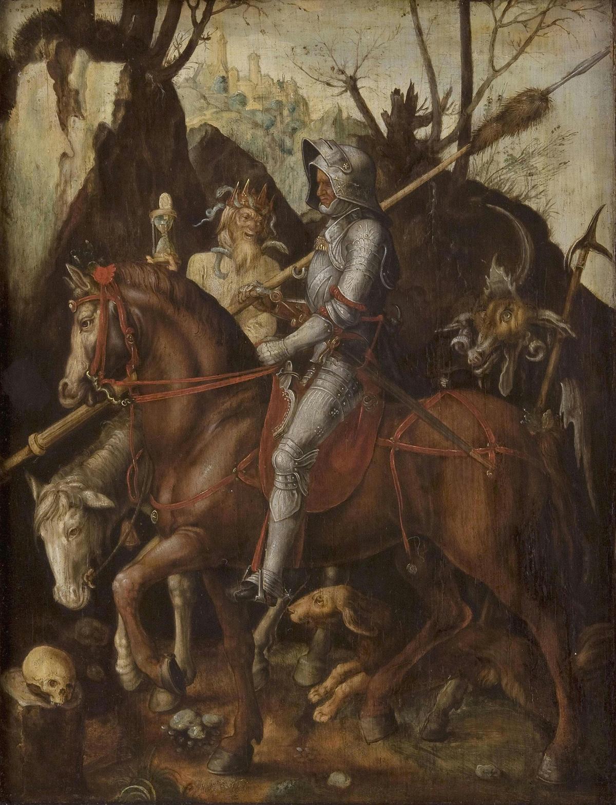 Hubristic individuals exhibit violence and aggression, seeking domination. "A Knight, Death, and the Devil," 16th century, attributed to Jakob Züberlin. Oil on panel. John G. Johnson Collection, 1917, Philadelphia Museum of Art, Philadelphia. (Public Domain)