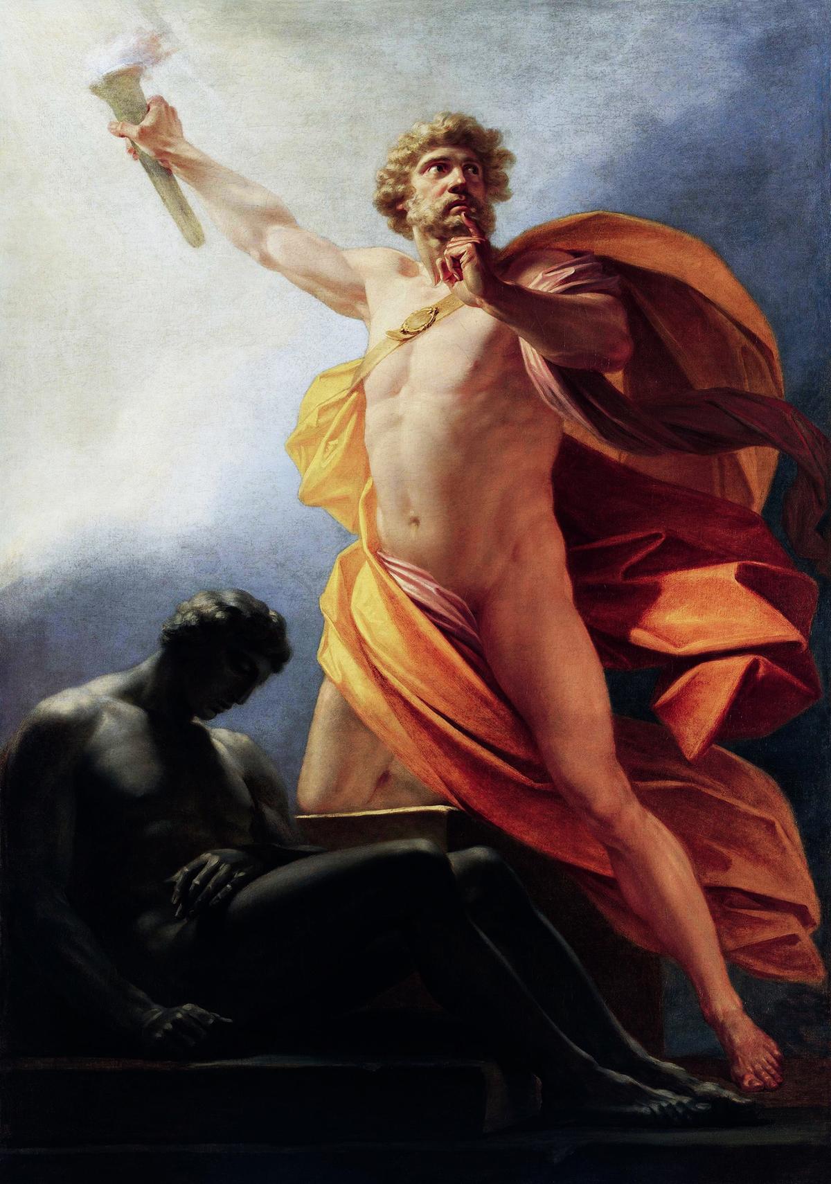 Prometheus’s hubris entailed his stealing fire for man. "Prometheus Brings Fire to Mankind," circa 1817, by Heinrich Fuger. Oil on canvas. (Public Domain)