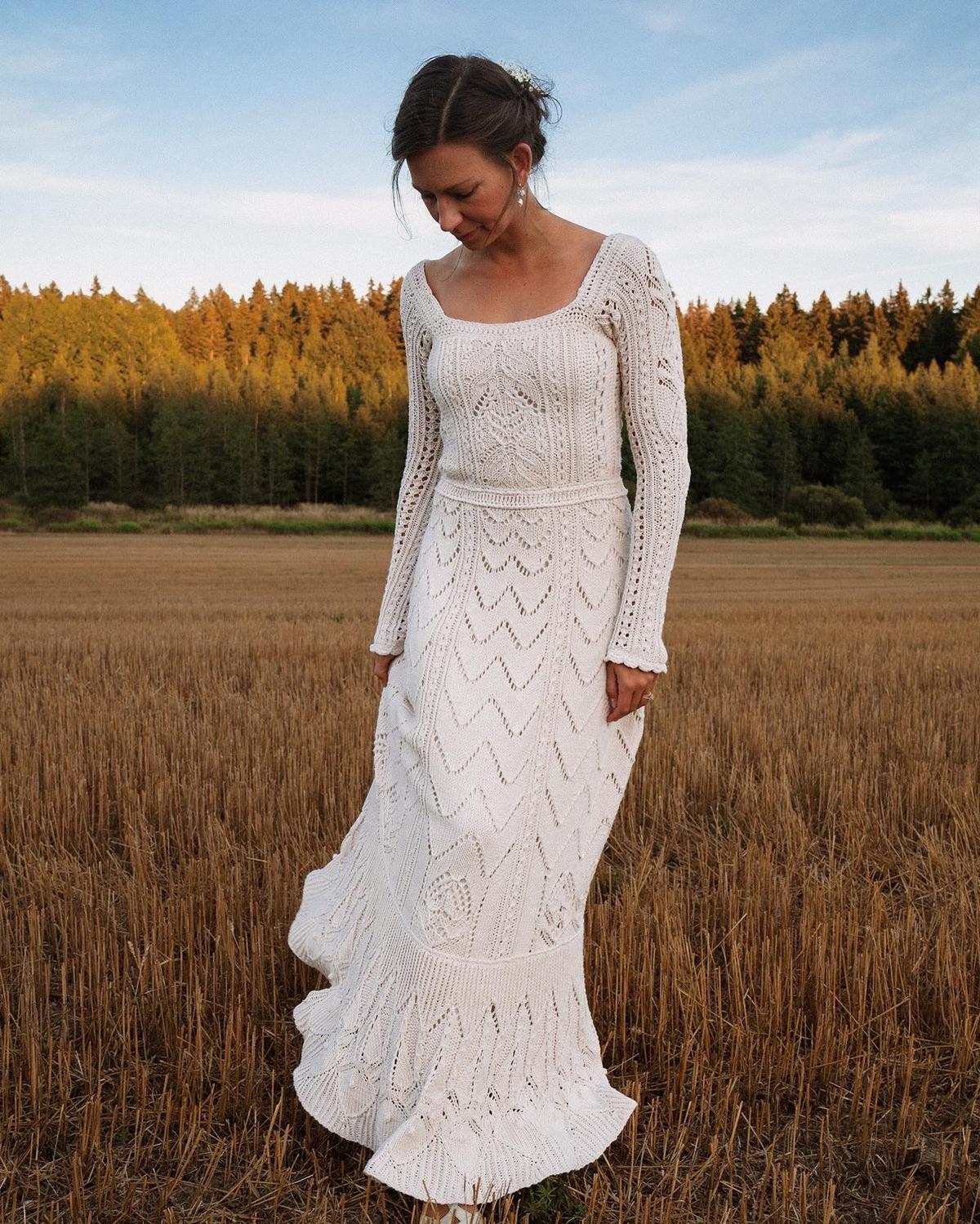 Veronika Lindberg wearing her knitted wedding dress. (Courtesy of Jukka Heino)