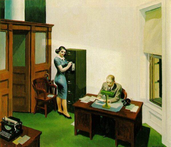In this painting by Edward Hopper, Is the woman asking her boss a question, looking at the document in which he’s engrossed, or is she engrossed in him? “Office at Night,” 1940, by Edward Hopper. Oil on canvas; 22.2 inches by 25.1 inches. Walker Art Center. (Public Domain)