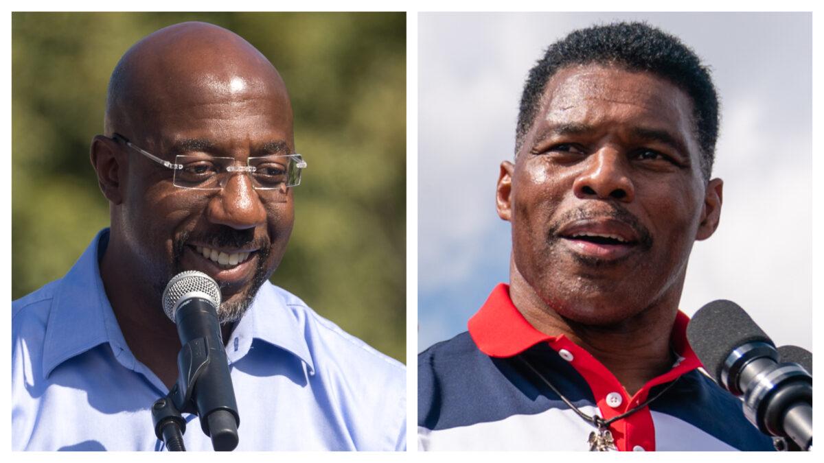 (Left) Sen. Raphael Warnock (D-Ga.) in Columbus, Ga., on Oct. 8, 2022. (Megan Varner/Getty Images); (Right) Georgia Republican Senatorial candidate Herschel Walker in Carrollton, Ga., on Oct. 11, 2022. (Elijah Nouvelage/Getty Images)