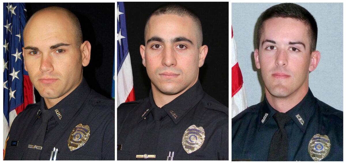 (L–R) This combo of images show Bristol, Conn. Police Department Sgt. Dustin Demonte, Officer Alex Hamzy, and Officer Alec Iurato. (Connecticut State Police via AP)