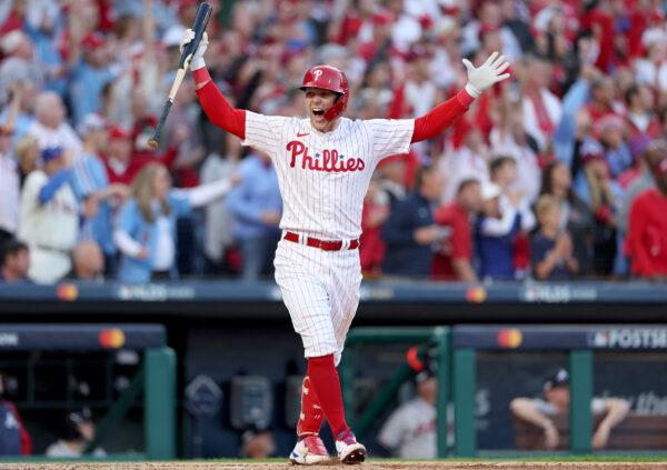 Rhys Hoskins (17) of the Philadelphia Phillies celebrates after hitting a three run home run against Spencer Strider (65) of the Atlanta Braves during the third inning in game three of the National League Division Series at Citizens Bank Park in Philadelphia, Penn., on Oct. 14, 2022. (Patrick Smith/Getty Images)