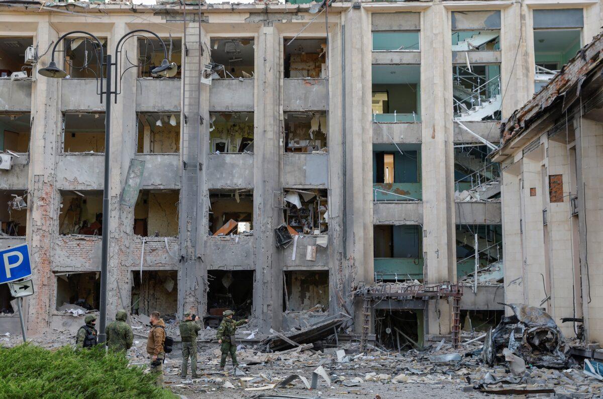The city administration building hit by recent shelling in the course of the Ukraine–Russia conflict in Donetsk, Russian-controlled Ukraine, on Oct. 16, 2022. (Alexander Ermochenko/Reuters)