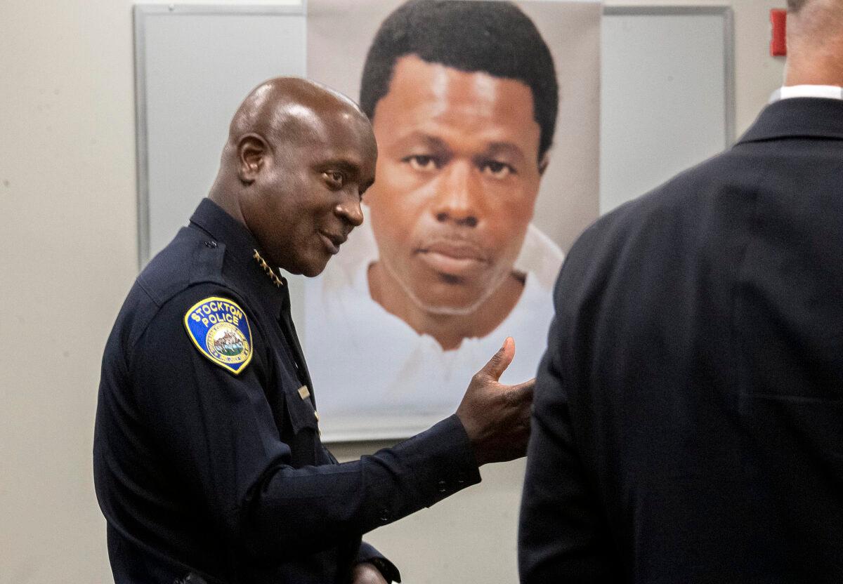 Stockton Police Chief Stanley McFadden speaks during a press conference at the Stockton Police Department headquarters in Stockton, Calif., on Oct. 15, 2022. (Clifford Oto/The Record via AP)