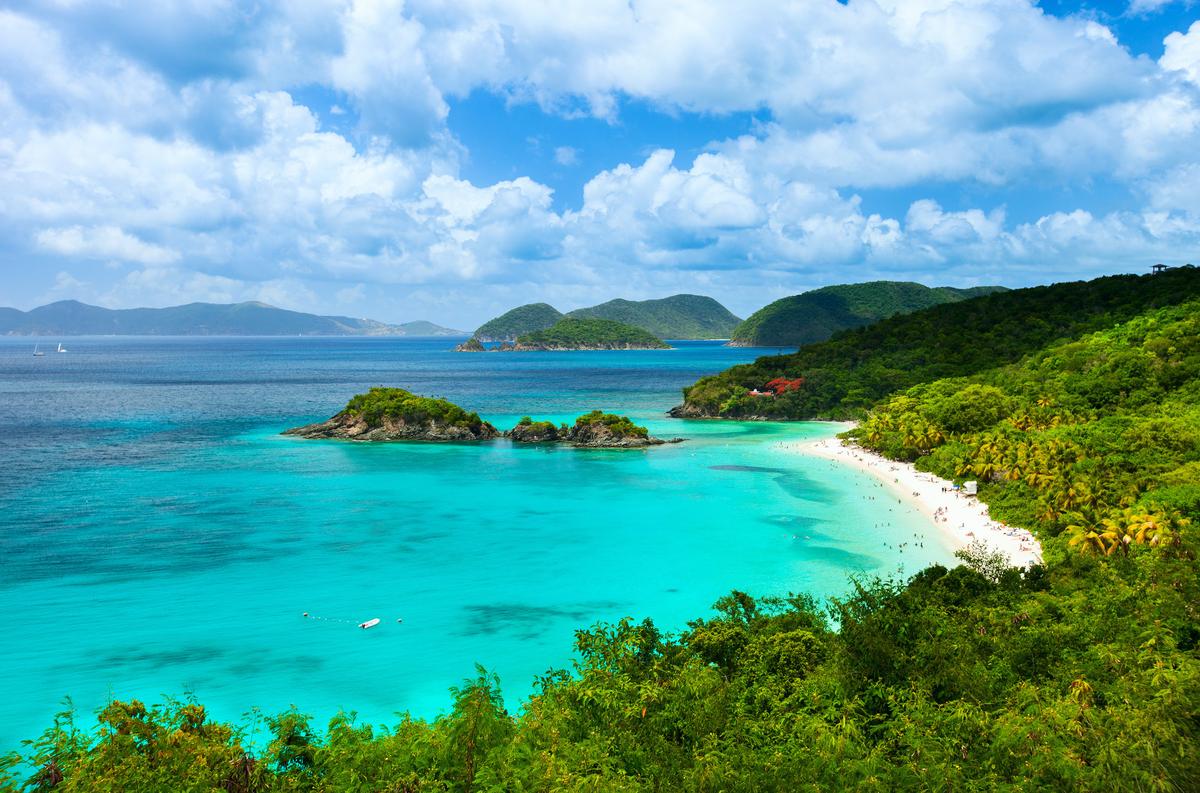 Aerial view of picturesque Trunk bay on St John island, US Virgin Islands considered by many as most beautiful beach in Caribbean. (BlueOrange Studio/Shutterstock)