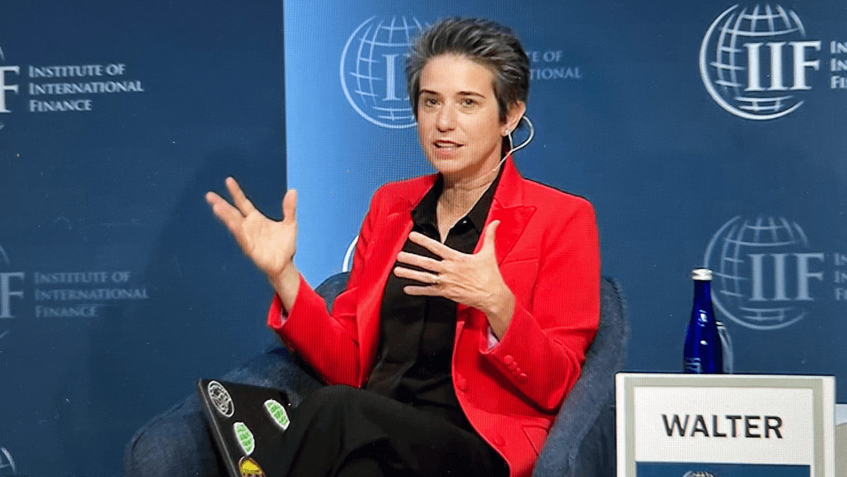  Amy Walter, publisher and editor-in-chief of the Cook Political Report, speaks onstage during the Institute of International Finance’s annual membership meeting in Washington on Oct. 10, 2022. (Emel Akan/ The Epoch Times)