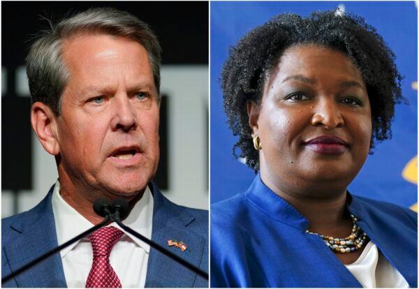 This combination of photos shows Georgia Gov. Brian Kemp (L) in Atlanta on May 24, 2022, and gubernatorial Democratic candidate Stacey Abrams in Decatur, Ga., on Aug. 8, 2022. (John Bazemore/AP Photo)