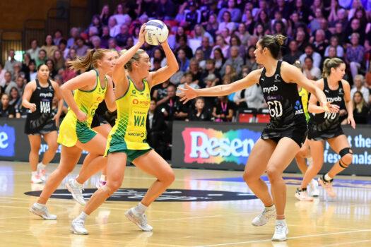 Liz Watson of the Australian Diamonds and Phoenix Karaka of the Silver Ferns during game two of the Constellation Cup series between the New Zealand Silver Ferns and the Australia Diamonds at TrustPower Arena in Tauranga, New Zealand, on Oct. 16, 2022. (Mark Tantrum/Getty Images)