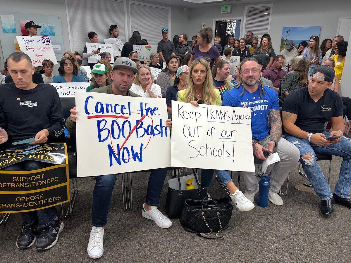 More than 100 parents showed their disapproval for the Encinitas Union School District's promotion of Boo Bash during a school board meeting in San Diego on Oct. 11, 2022. (Courtesy of Freedom Revival)