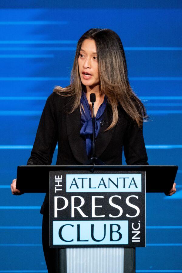 Bee Nguyen, Democratic nominee for Georgia Secretary of State, speaking at the Atlanta Press Club debate Oct. 18, 2022. (Reuters/Dustin Chambers/POOL.)