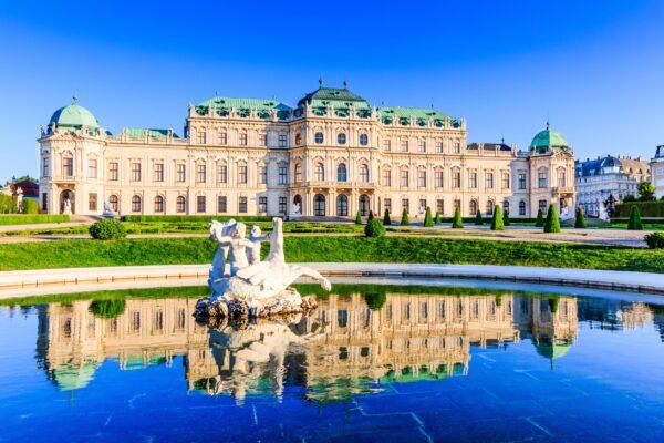 The Upper Belvedere palace in the center of Vienna, Austria, with its reflection in the water fountain. The building is composed of a long range of 29 bays, articulated as seven octagonal pavilions, with ornamented pilasters and window surrounds. These pavilions are in a typical 18th-century French design, which can be seen in the Tuileries Garden, Paris or at the Palace of Versailles. (<a href="https://www.shutterstock.com/g/sorincolac">SCstock</a>/<a href="https://www.shutterstock.com/image-photo/vienna-austria-upper-belvedere-palace-reflection-678035092">Shutterstock</a>)