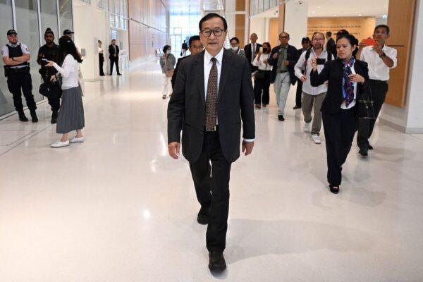 Cambodian opponent in exile and leader of the Cambodia National Rescue Party (CNRP) Sam Rainsy, arrives at the courthouse accused in a defamation lawsuit filed by Cambodia's prime minister, in Paris on Sept. 1, 2022. (Emmanuel Dunand/AFP via Getty Images)