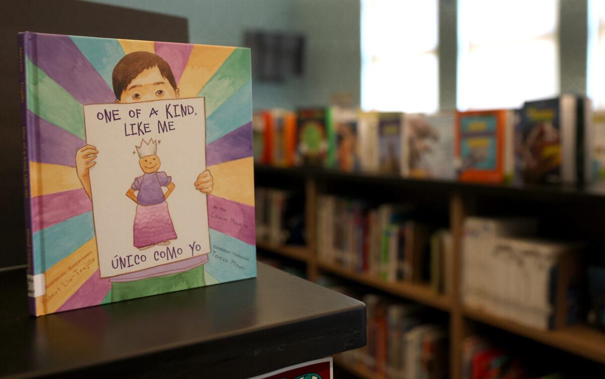 A newly donated LGBT book is displayed in the library at Nystrom Elementary School in Richmond, Calif., on May 17, 2022. (Justin Sullivan/Getty Images)