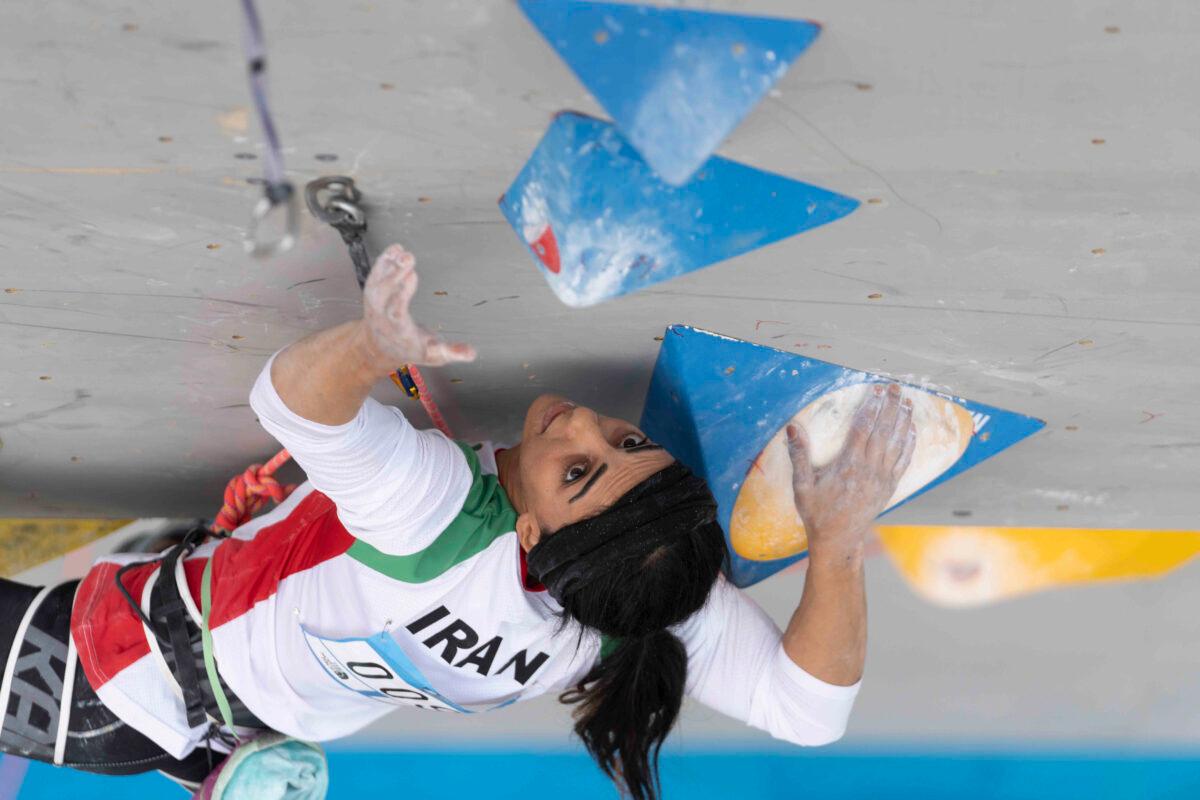 Iranian athlete Elnaz Rekabi competes during the women's Boulder & Lead final during the IFSC Climbing Asian Championships in Seoul, South Korea, on Oct. 16, 2022. (Rhea Khang/International Federation of Sport Climbing via AP)