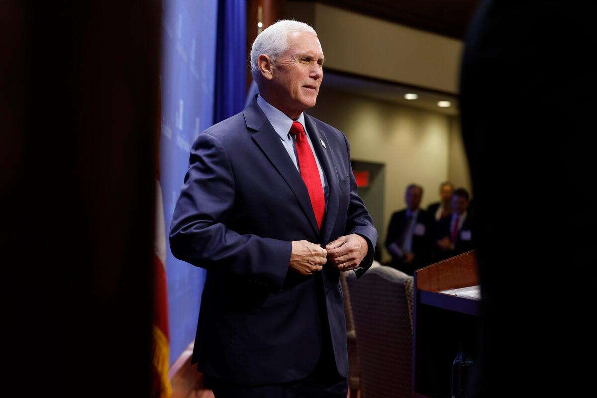 Former Vice President Mike Pence speaks during an event to promote his new book at the conservative Heritage Foundation think tank in Washington on Oct. 19, 2022. (Chip Somodevilla/Getty Images)