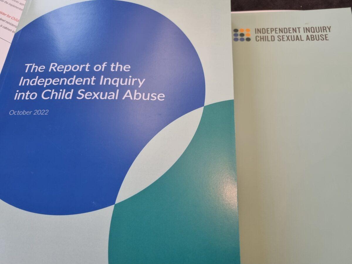 The final report of the Independent Inquiry into Child Sexual Abuse, which was published in London on Oct. 20, 2022. (Chris Summers/The Epoch Times)