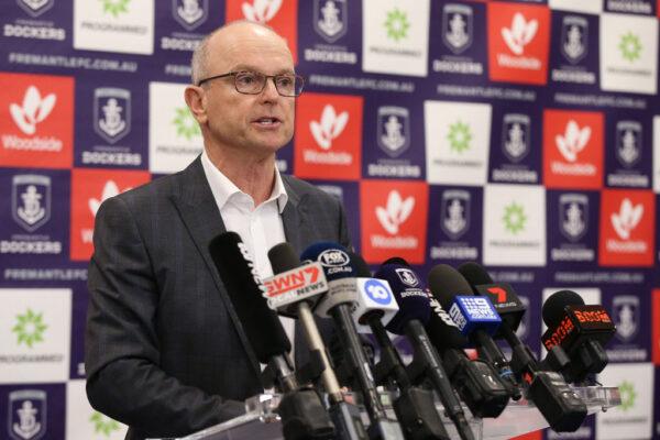 Fremantle Dockers AFL president Dale Alcock speaks to the media during a press conference announcing the sacking of Ross Lyon as head coach at Fremantle Derby Club Lecture Theatre on August 20, 201,9 in Perth, Australia. (Paul Kane/Getty Images)
