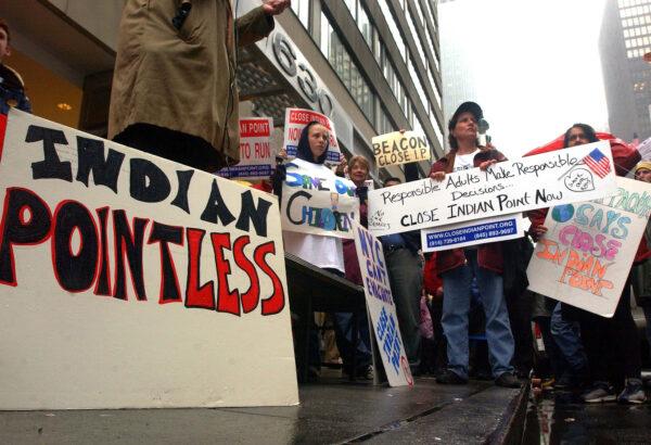 Demonstrators protest against keeping open the Indian Point nuclear power plant on April 22, 2002, in New York City. The plant has been the focus of renewed debate since the terrorist attacks on Sept. 11, 2001. (Photo by Spencer Platt/Getty Images)