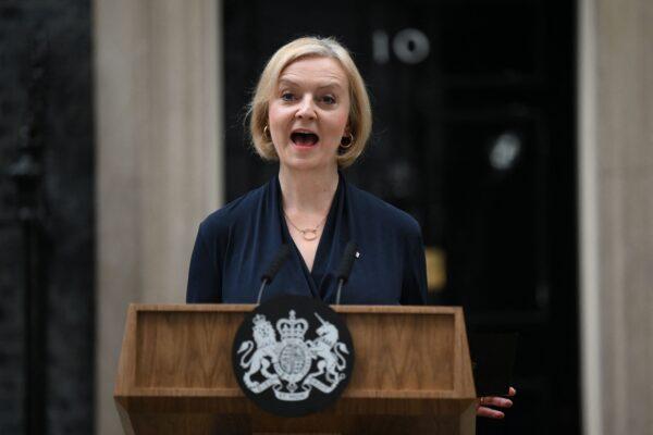 Britain's Prime Minister Liz Truss announces her resignation outside of 10 Downing Street on Oct. 20, 2022. (Daniel Leal/AFP via Getty Images)