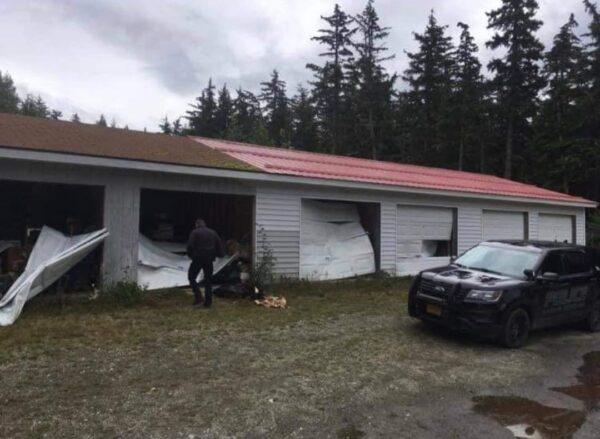 Destroyed garage doors near Haines, Alaska during the unprecedented bear rampage in October 2020. (Courtesy of Charlene Jones)