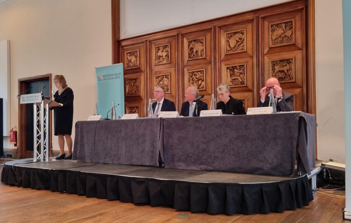 Professor Alexis Jay, chair of the Independent Inquiry into Child Sexual Abuse, delivers her speech, watched by (L to R) Professor Malcolm Evans, John O'Brien, Drusilla Sharpling, and Brian Altman, KC, in London, on Oct. 20, 2022. (Chris Summers/The Epoch Times)