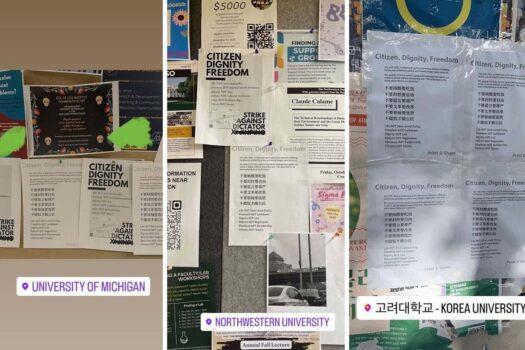 Posters expressing support for the Beijing protest appear on college campuses in the United States and South Korea. (Screenshot via Twitter)