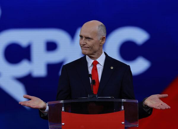 Sen. Rick Scott (R-Fla.) speaks during the Conservative Political Action Conference (CPAC) being held at The Rosen Shingle Creek in Orlando, Florida, on Feb. 26, 2022. (Joe Raedle/Getty Images)