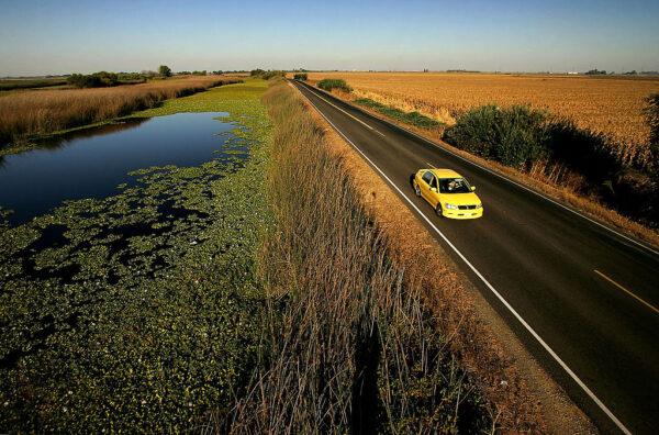 Water is held back from a lower-elevation farm (R) by a section of Highway 4 that serves as a levee road in the Sacramento-San Joaquin River Delta, located west of Stockton, Calif., on Sept. 28, 2005. (David McNew/Getty Images)