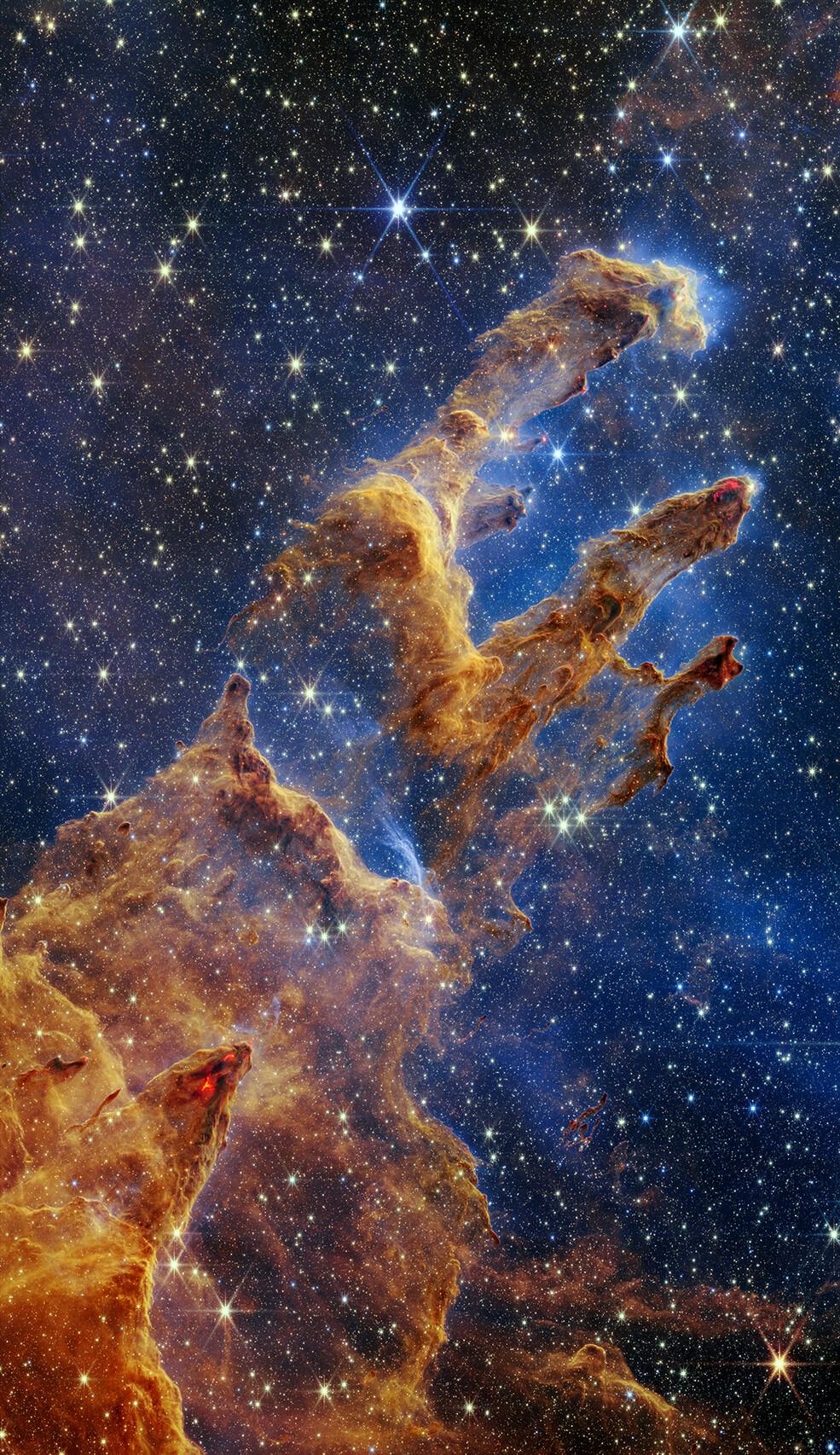The Pillars of Creation nebula, captured by NASA’s James Webb Space Telescope, which launched on Christmas Day in 2021. (NASA, ESA, CSA, STScI; Joseph DePasquale (STScI), Anton M. Koekemoer (STScI), Alyssa Pagan (STScI)).