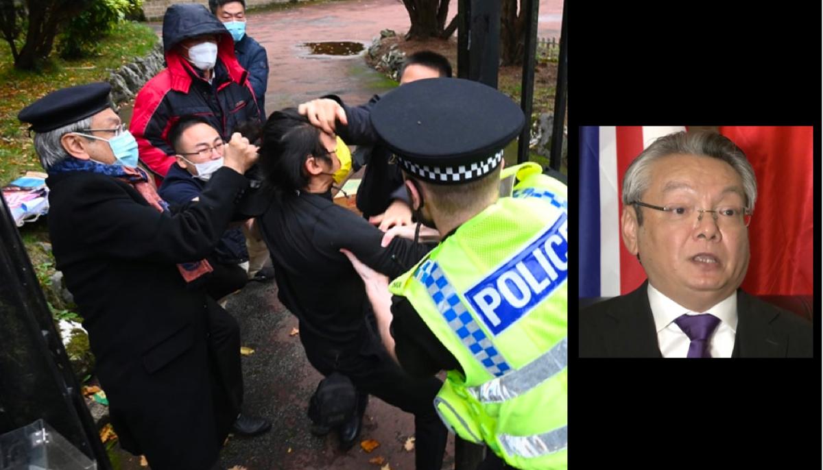 On Oct. 19, Zheng Xiyuan, consul general of the Chinese Communist Party in Manchester, was interviewed by Sky News and said it was his "duty" to drag a Hong Kong protester into consulate grounds, where he beat him. (Screenshot of Hong Kong Indigenous Defense Force/Sky News)
