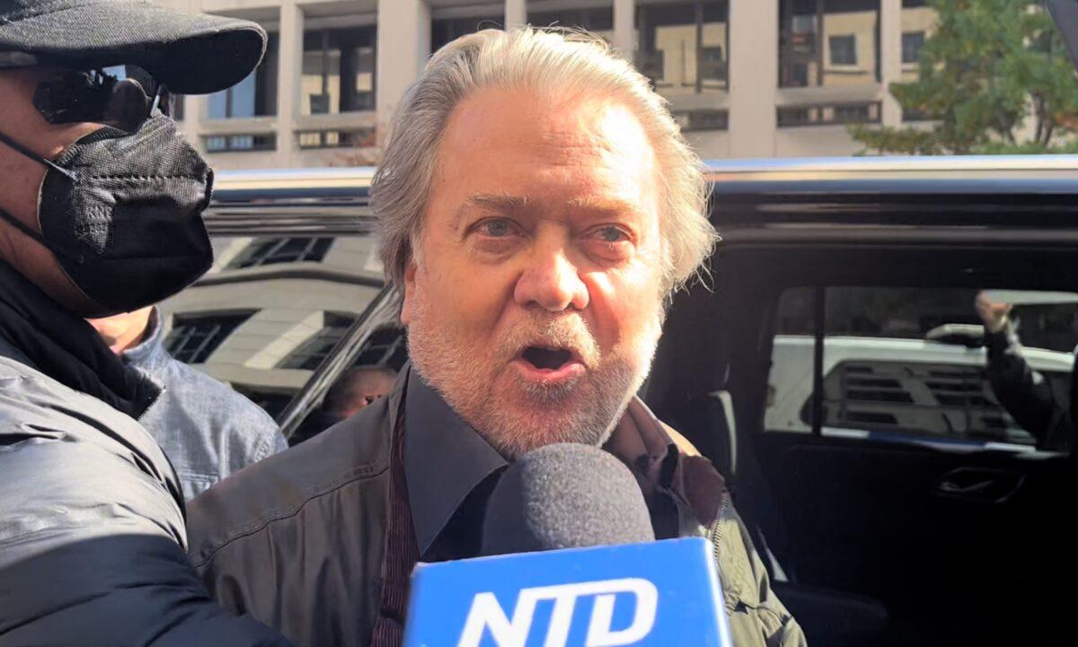 Former Trump White House senior advisor Steve Bannon speaks to media after being sentenced at federal court in Washington on Oct. 21, 2022, in a still from video released by NTD. (Iris Tao/NTD)