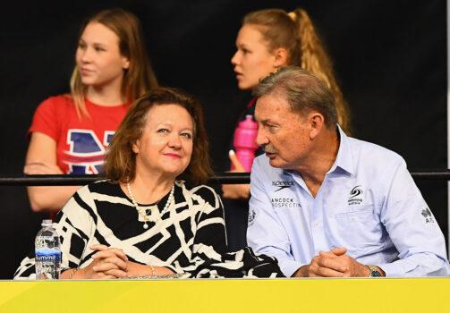 Gina Rinehart speaks to John Bertrand the Swimming Australia President during day five of the Australian Swimming Championships at the South Australian Aquatic and Leisure Centre in Adelaide, Australia on April 11, 2016. (Quinn Rooney/Getty Images)