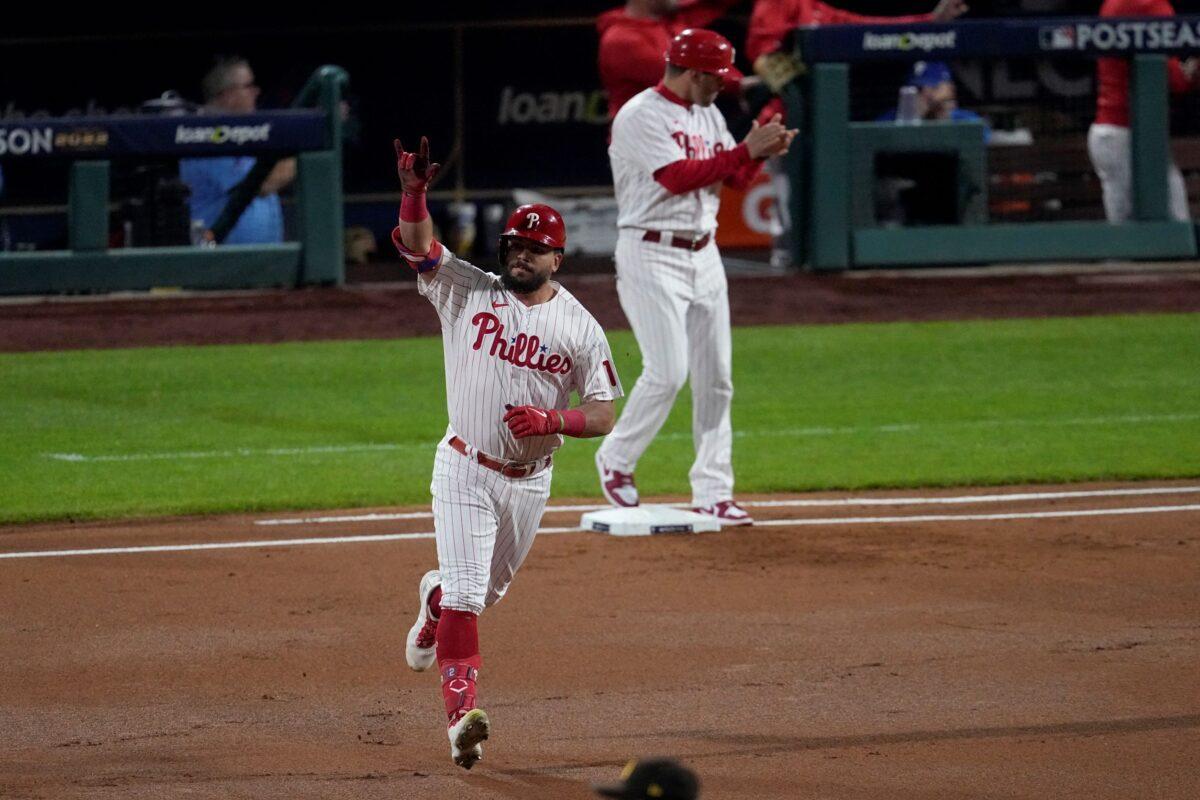 Philadelphia Phillies' Kyle Schwarber celebrates his home run during the first inning in Game 3 of the baseball NL Championship Series between the San Diego Padres and the Philadelphia Phillies in Philadelphia on Oct. 21, 2022. (Matt Rourke/AP Photo)