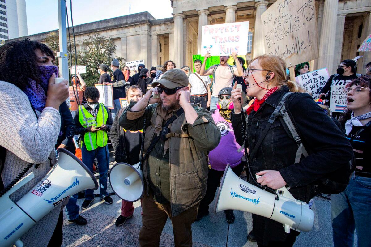 Protestors yell at supporters of Matt Walsh at The Daily Wire’s "Rally to End Child Mutilation" on Oct. 21, 2022 in Nashville, Tenn. (Bobby Sanchez for The Epoch Times)
